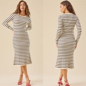 NEW HYFVE Cream Striped Ribbed Midi Sweater Dress Flared Hem Size Medium